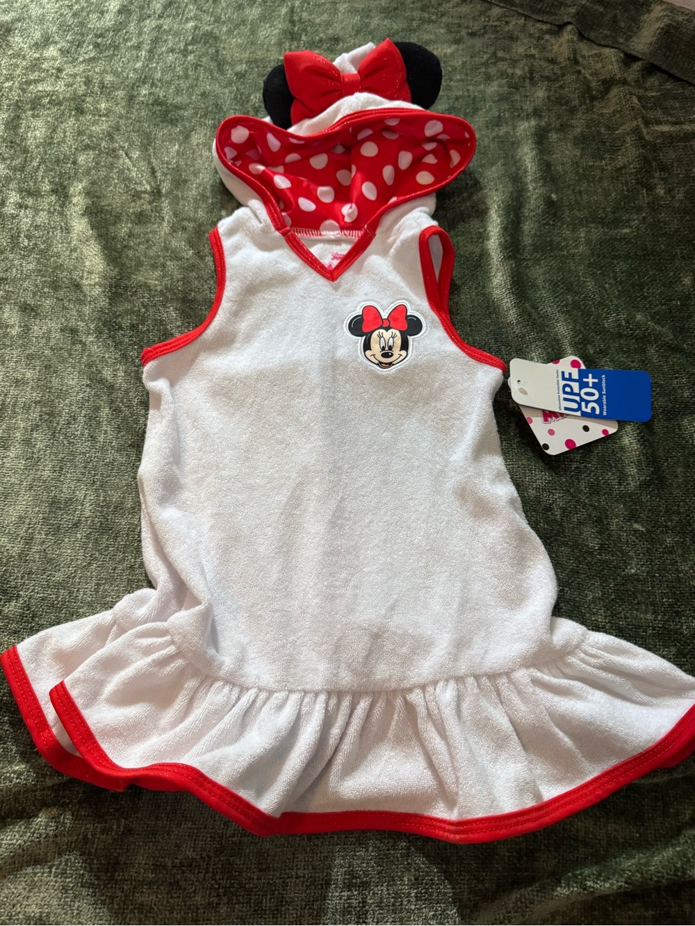 New Disney Minnie Mouse White Cover Up with Red Trim Sz 18 months